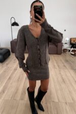 V Yaka Hırka Triko Etek Takım Vizon - Görsel 2