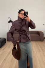 Yumuşak Derili Kemerli Ceket Bordo