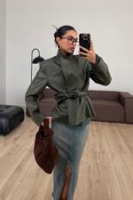 Yumuşak Derili Kemerli Ceket Haki