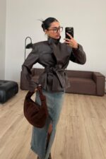 Yumuşak Derili Kemerli Ceket Acı Kahve