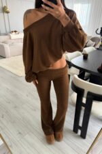 Kayık Yaka Beli Katlamalı Takım Kahverengi - Görsel 2