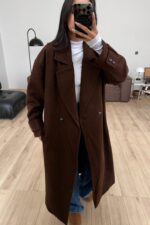 Astarlı Kruvaze Yaka Kaşe Kaban Kahverengi - Görsel 2