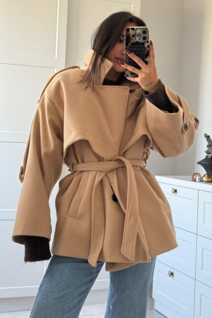 Rüzgarlıklı Kaşe Kaban Camel