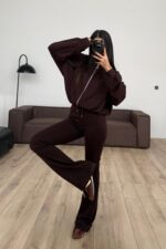 Modal İspanyol Paçalı Tayt Takım Kahverengi