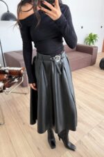 Kemerli Uzun Deri Etek Siyah - Görsel 2