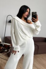 Yumoş Madonna Yaka Pantolon Takım Beyaz - Görsel 3