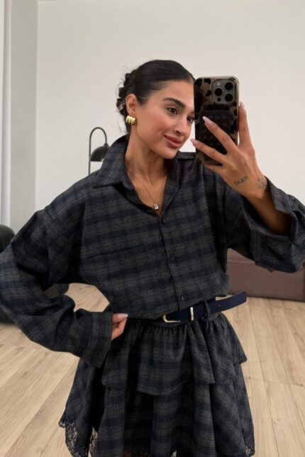 Oversize Tek Cepli Ekose Gömlek Lacivert