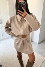 Trend Büzgülü Etek Ceket Takım Bej - Görsel 2