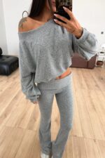 Kayık Yaka Beli Katlamalı Takım Gri - Görsel 2