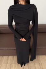 Fularlı Beli Büzgülü Soft Touch Elbise Siyah - Görsel 2