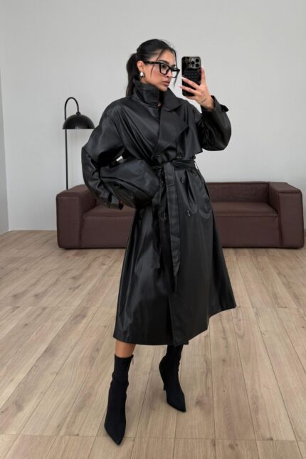 Kuşaklı Uzun Deri Trenç Siyah