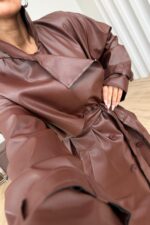 Kuşaklı Uzun Deri Trenç Kahverengi - Görsel 2