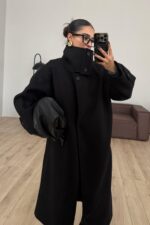 Trend Dik Yaka Kaşe Kaban Siyah - Görsel 2