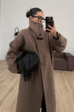 Trend Dik Yaka Kaşe Kaban Vizon - Görsel 3