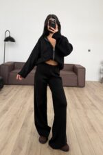 Kapşonlu Triko Hırka Pantolon Takım Siyah