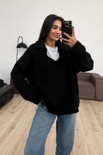 Polo Yaka Triko Kazak Siyah