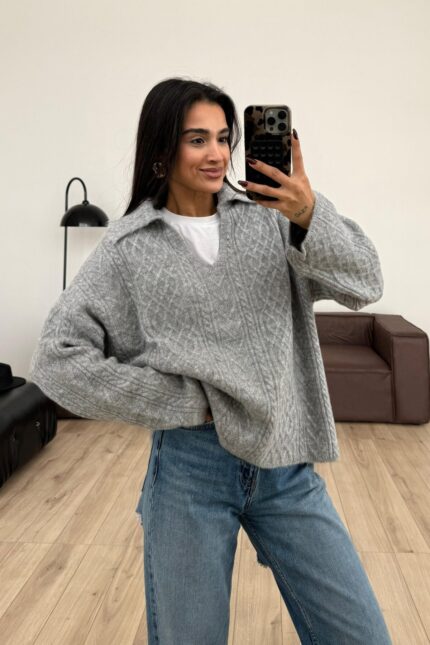 Polo Yaka Triko Kazak Gri