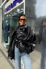 Deri Trend Dik Yaka Kısa Ceket Siyah