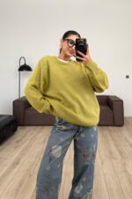 Yumuşak bisiklet Yaka Triko Kazak Yeşil