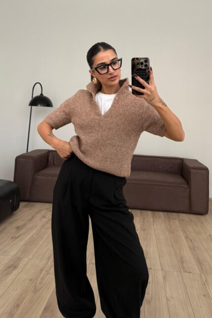 Kısa Kollu Polo Yaka Triko Kazak Sütlü Kahve