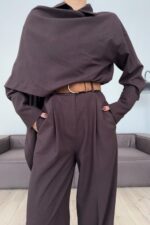 Manşet Kol Yakası Şallı Gömlek Takım Acı Kahve - Görsel 2