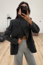 Tek Düğmeli Dik Yakalı Ceket Koyu Antrasit - Görsel 2