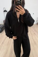 Yakası Fermuarlı Triko Takım Siyah - Görsel 3