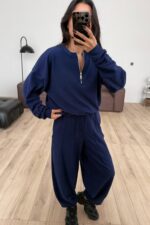 Yakası Fermuarlı Triko Takım Lacivert - Görsel 2