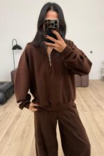 Yakası Fermuarlı Triko Takım Kahverengi - Görsel 2