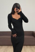 Kalp Yaka Ribana Kumaş Elbise Siyah - Görsel 2