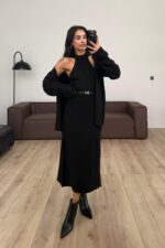 Triko Crop Hırka Etek Takım Siyah