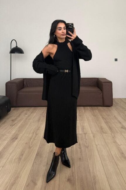 Triko Crop Hırka Etek Takım Siyah