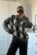 Baklava Desenli Polo Yaka Kazak Antrasit