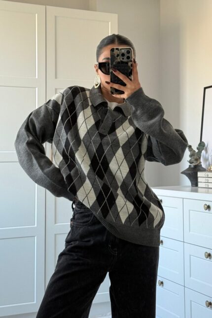 Baklava Desenli Polo Yaka Kazak Antrasit