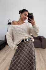 V Yaka Selanik Örgü Kazak Bej