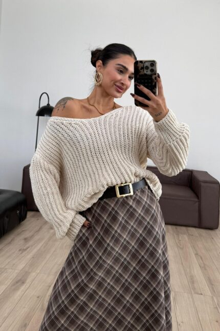 V Yaka Selanik Örgü Kazak Bej