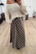 Ekose Detaylı Uzun Etek Kahverengi - Görsel 2