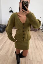 V Yaka Hırka Triko Etek Takım Haki - Görsel 2