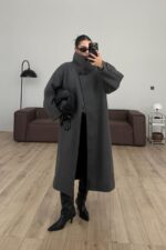 Trend Dik Yaka Kaşe Kaban Antrasit