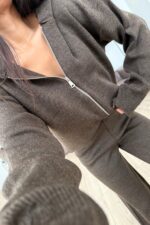 Kapşonlu Triko Hırka Pantolon Takım Kahverengi - Görsel 2