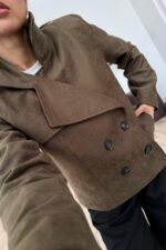 Kruvaze Kısa Süet Ceket Haki - Görsel 3