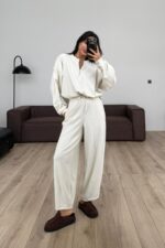 Yakası Fermuarlı Triko Takım Ekru