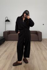 Yakası Fermuarlı Triko Takım Mürdüm