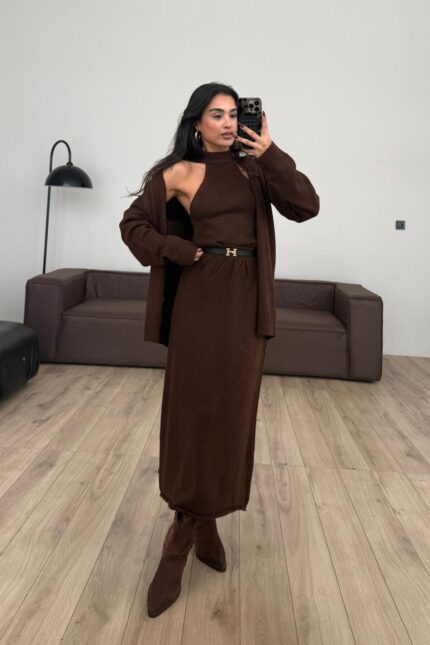 Triko Crop Hırka Etek Takım Kahverengi