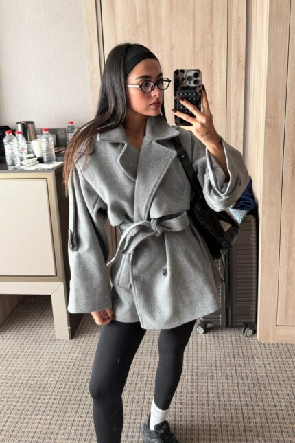 Rüzgarlıklı Kaşe Kaban Gri