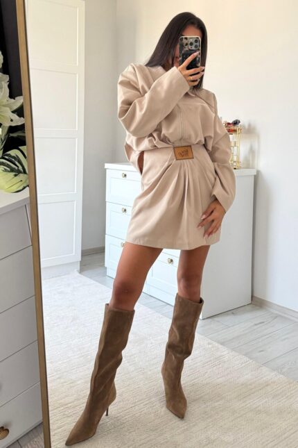 Trend Büzgülü Etek Ceket Takım Bej