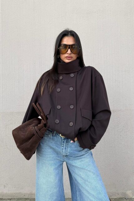 Tasarım Düğmeli Bomber Ceket Acı Kahve
