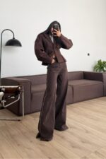 Yanları Fermuarlı Kahve Jean