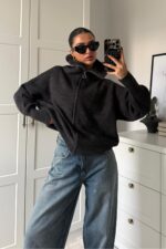 Fermuarlı Dik Yaka Örgü Hırka Antrasit - Görsel 2