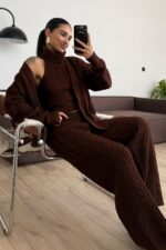 Saç Örgülü 3 Parça Triko Takım Kahverengi